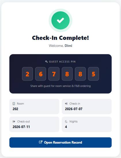 Check-in complete screen showing a six-digit guest access PIN for room service and F&B ordering.