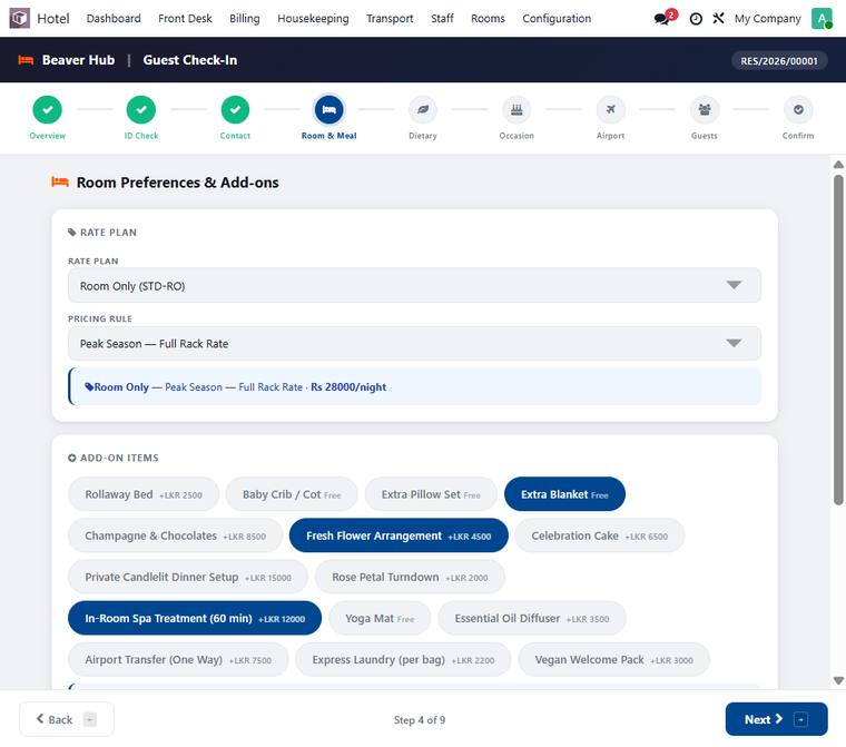 Room preferences and add-ons step showing a grid of priced add-on items including flowers, spa treatment, airport transfer and express laundry.