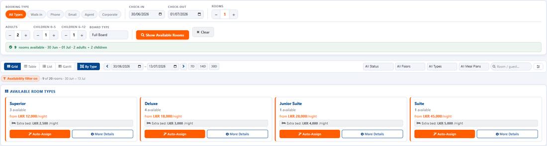 Available room types with counts, nightly rates and an Auto-Assign action for each type.