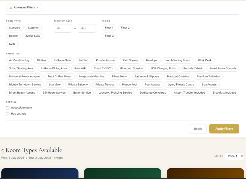 Public booking engine advanced filter panel with room type, nightly rate range, floor and amenity filters.