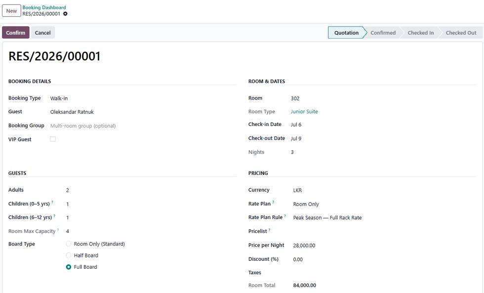 Reservation record showing booking type, guest, VIP flag, board type, room and dates, rate plan and calculated room total.